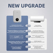 HNK 20D1 tankless electric water heater comparison showing instant heating, compact design, and touchscreen control